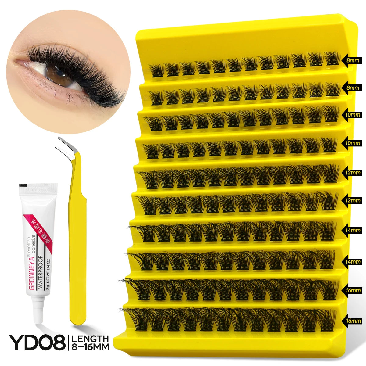 GROINNEYA Lash Clusters Kit With Waterproof Strong Hold DIY Lash Extension Kit Lash Bond And Seal And Eyelash Tweezers Makeup