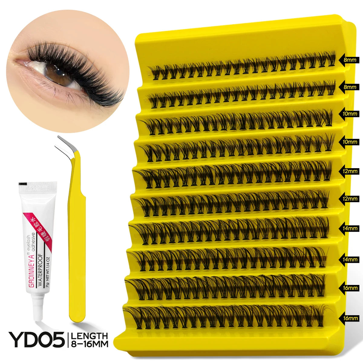 GROINNEYA Lash Clusters Kit With Waterproof Strong Hold DIY Lash Extension Kit Lash Bond And Seal And Eyelash Tweezers Makeup