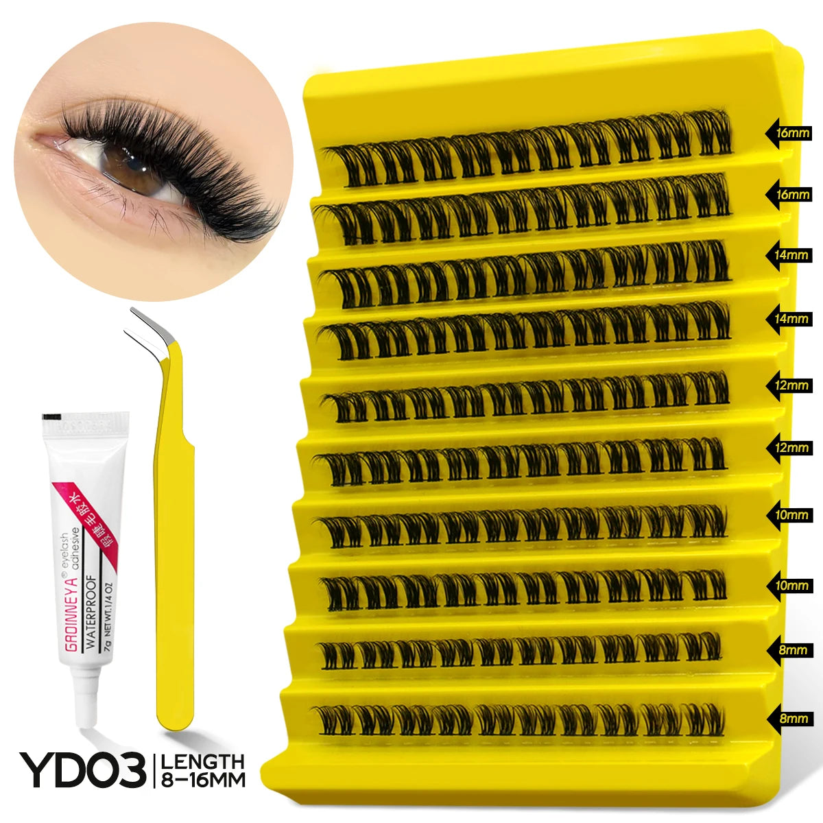 GROINNEYA Lash Clusters Kit With Waterproof Strong Hold DIY Lash Extension Kit Lash Bond And Seal And Eyelash Tweezers Makeup