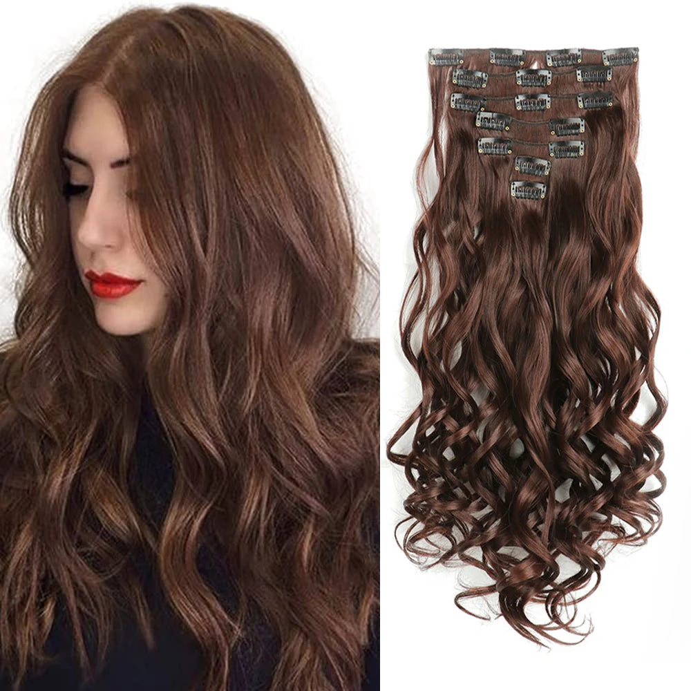 Clip In Full Head 22 Inch Long Curly Wavy Synthetic Hair