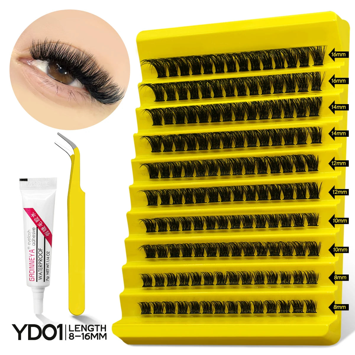 GROINNEYA Lash Clusters Kit With Waterproof Strong Hold DIY Lash Extension Kit Lash Bond And Seal And Eyelash Tweezers Makeup