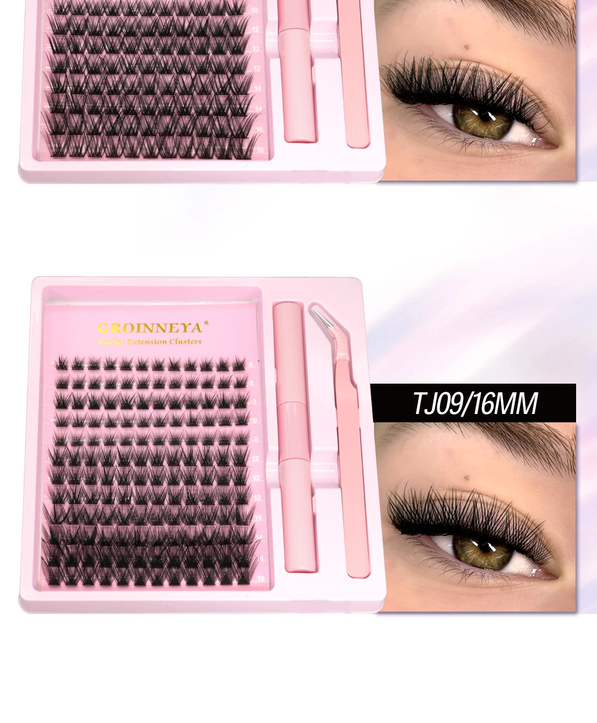 GROINNEYA Lash Clusters Kit With Waterproof Strong Hold DIY Lash Extension Kit Lash Bond And Seal And Eyelash Tweezers Makeup
