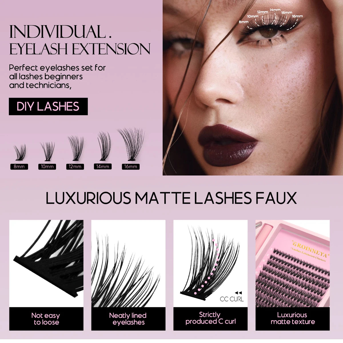 GROINNEYA Lash Clusters Kit With Waterproof Strong Hold DIY Lash Extension Kit Lash Bond And Seal And Eyelash Tweezers Makeup