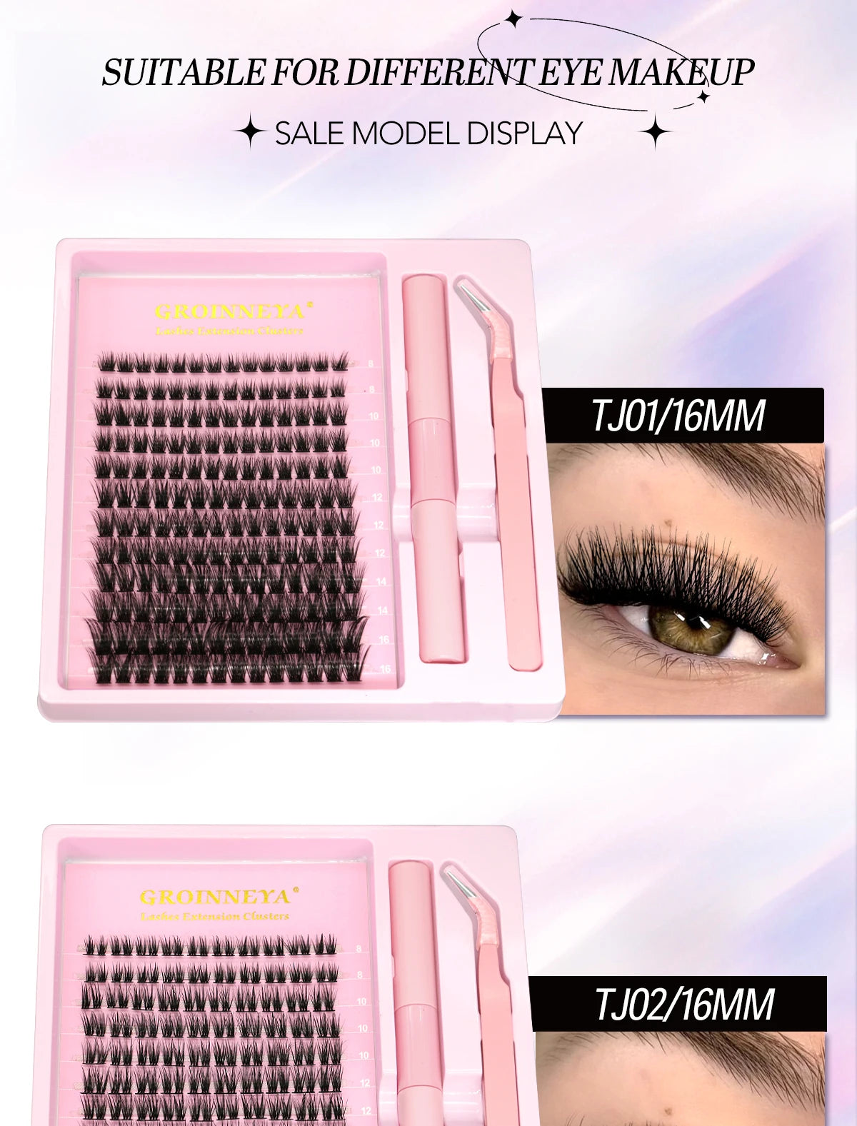 GROINNEYA Lash Clusters Kit With Waterproof Strong Hold DIY Lash Extension Kit Lash Bond And Seal And Eyelash Tweezers Makeup