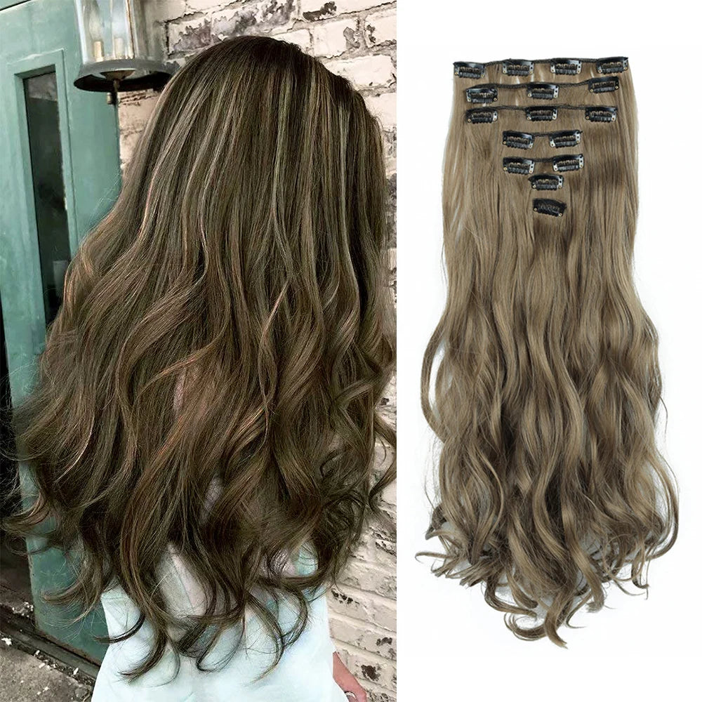 Clip In Full Head 22 Inch Long Curly Wavy Synthetic Hair