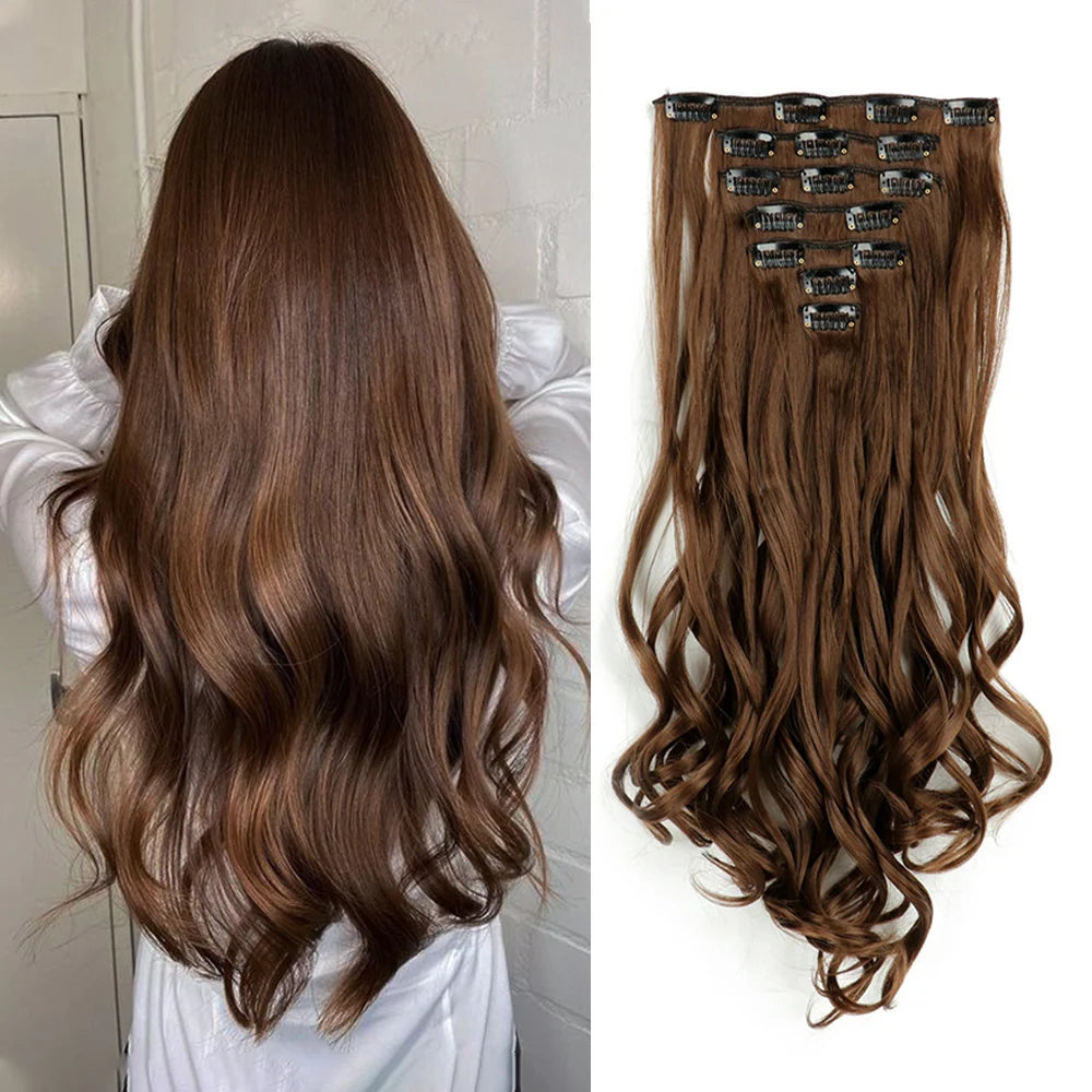 Clip In Full Head 22 Inch Long Curly Wavy Synthetic Hair