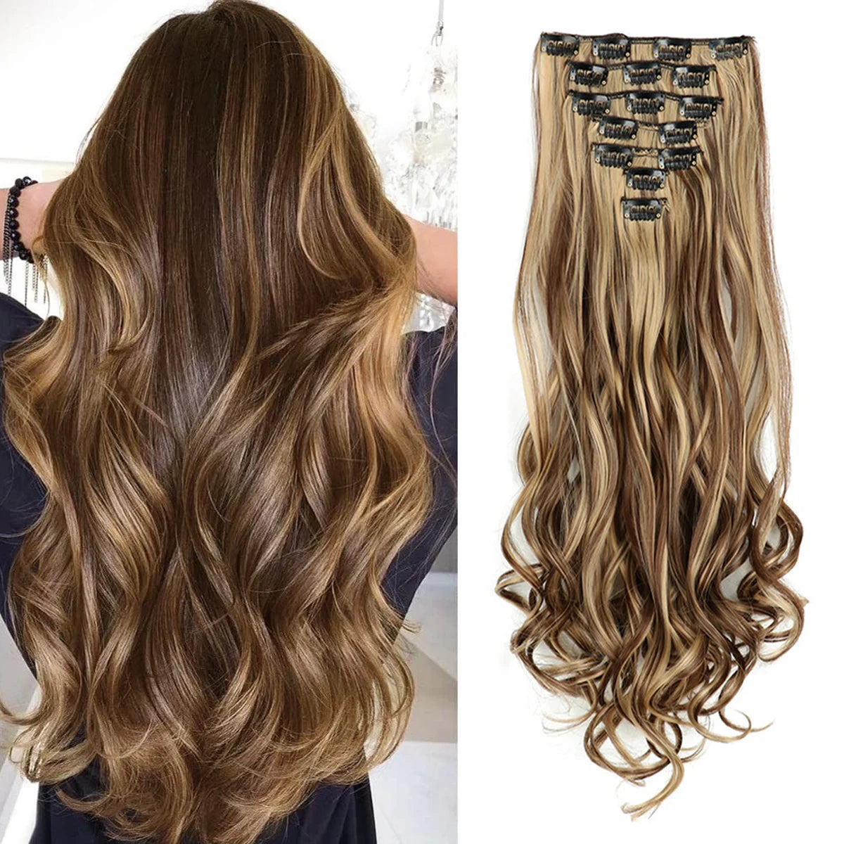 Clip In Full Head 22 Inch Long Curly Wavy Synthetic Hair