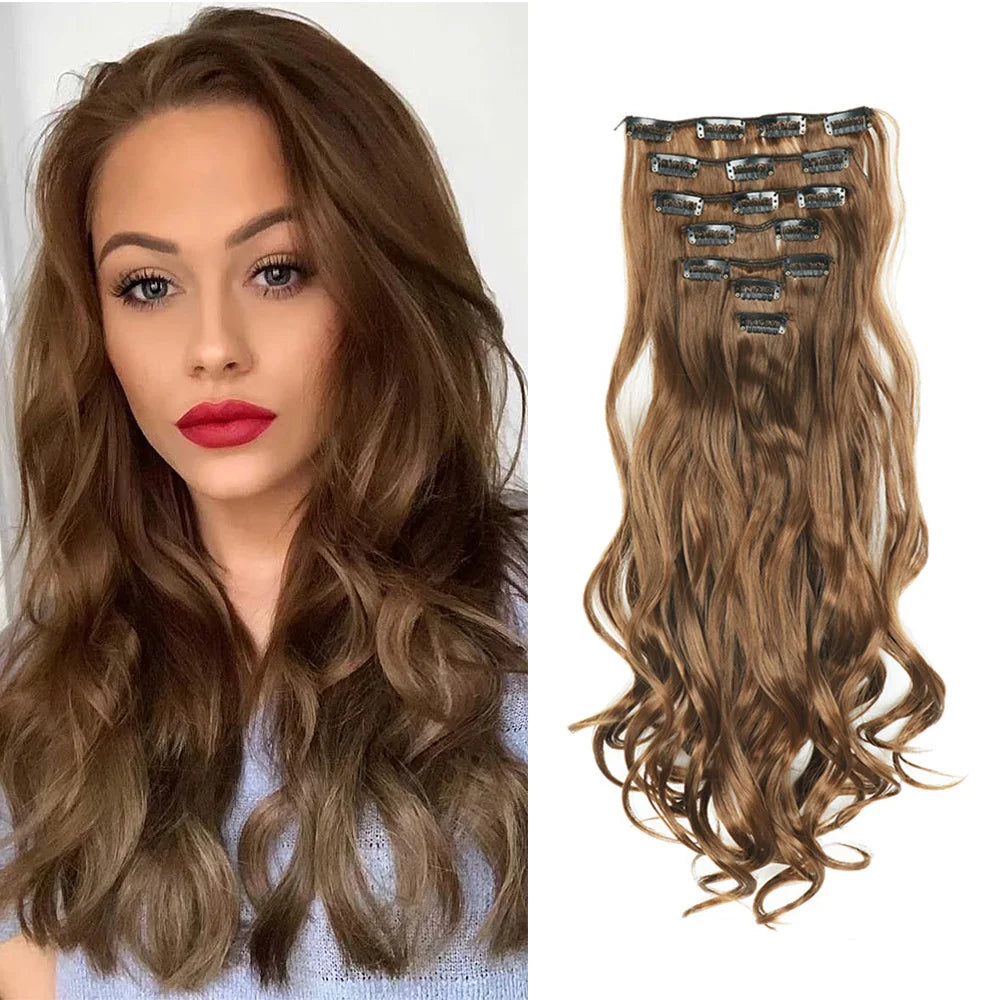 Clip In Full Head 22 Inch Long Curly Wavy Synthetic Hair