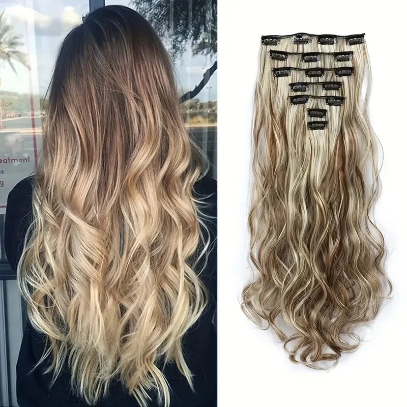 Clip In Full Head 22 Inch Long Curly Wavy Synthetic Hair