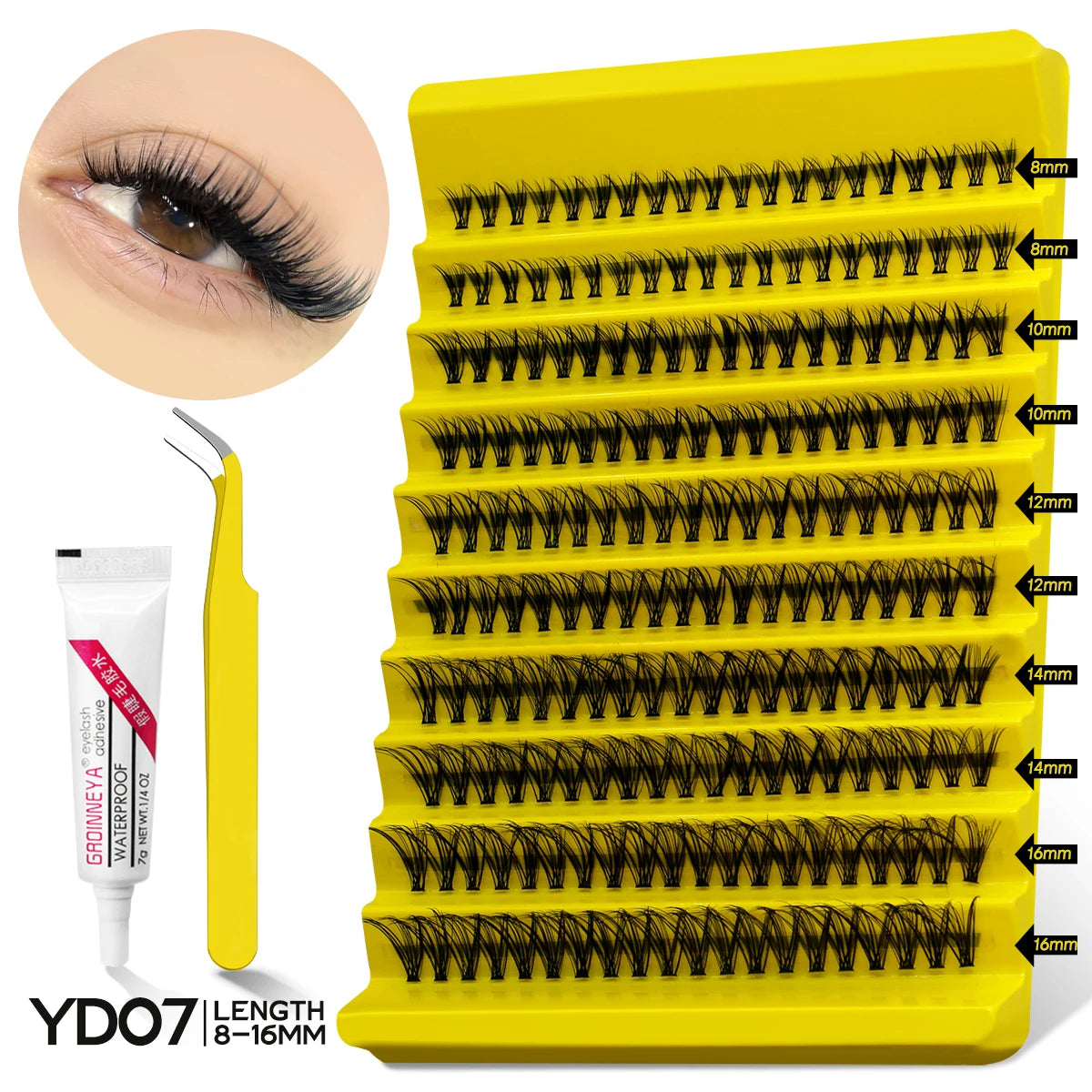 GROINNEYA Lash Clusters Kit With Waterproof Strong Hold DIY Lash Extension Kit Lash Bond And Seal And Eyelash Tweezers Makeup