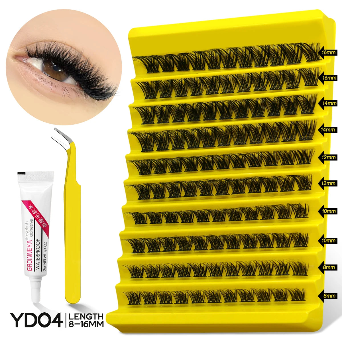 GROINNEYA Lash Clusters Kit With Waterproof Strong Hold DIY Lash Extension Kit Lash Bond And Seal And Eyelash Tweezers Makeup