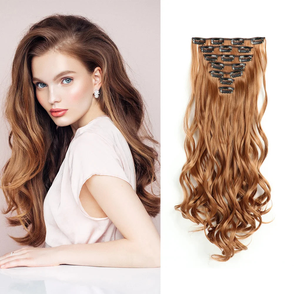 Clip In Full Head 22 Inch Long Curly Wavy Synthetic Hair