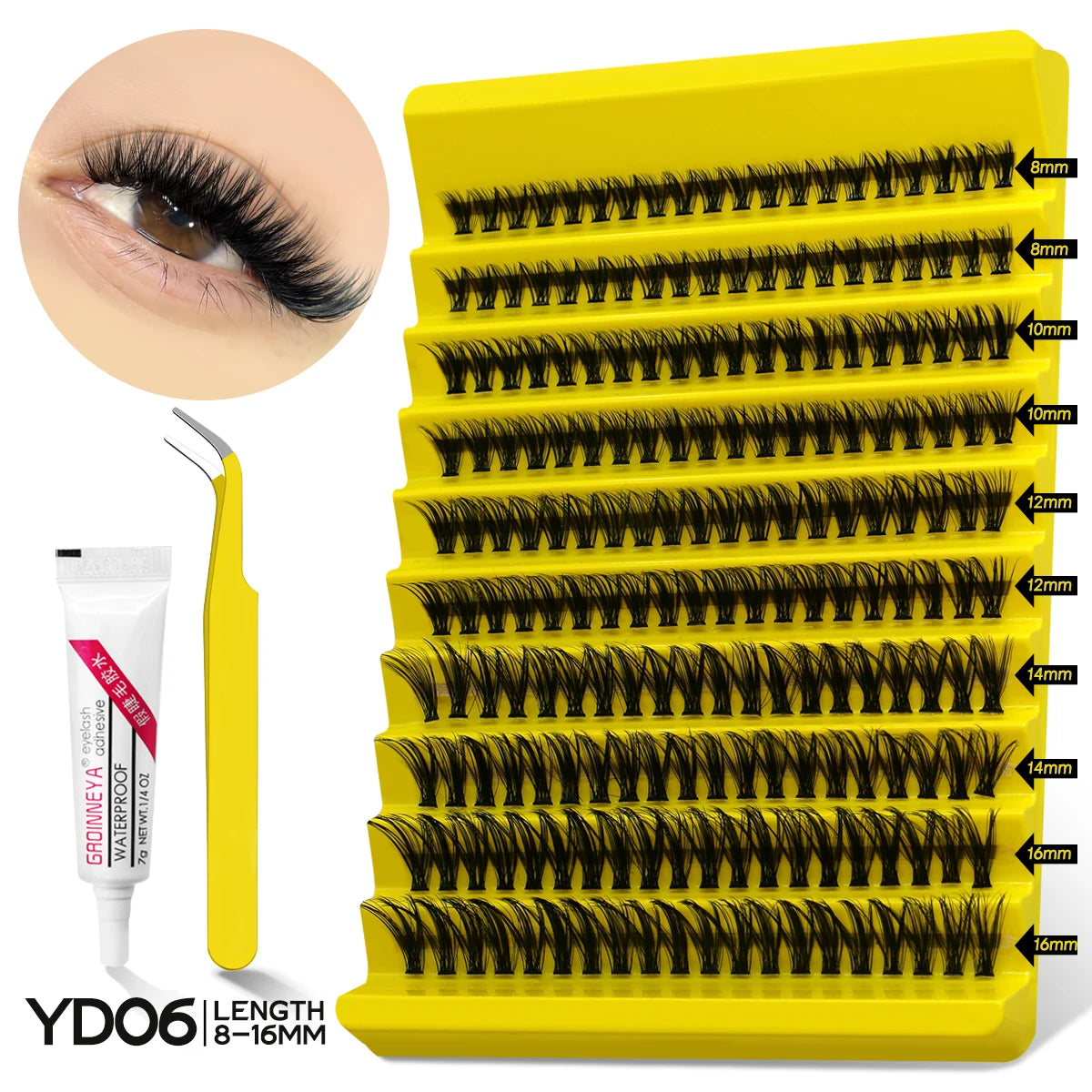 GROINNEYA Lash Clusters Kit With Waterproof Strong Hold DIY Lash Extension Kit Lash Bond And Seal And Eyelash Tweezers Makeup