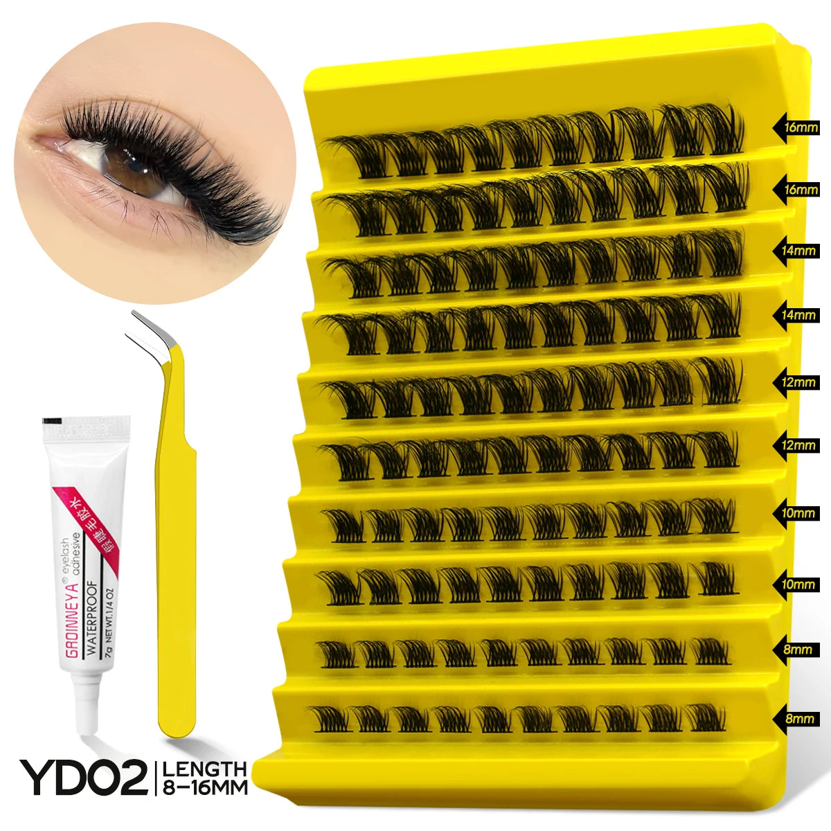GROINNEYA Lash Clusters Kit With Waterproof Strong Hold DIY Lash Extension Kit Lash Bond And Seal And Eyelash Tweezers Makeup